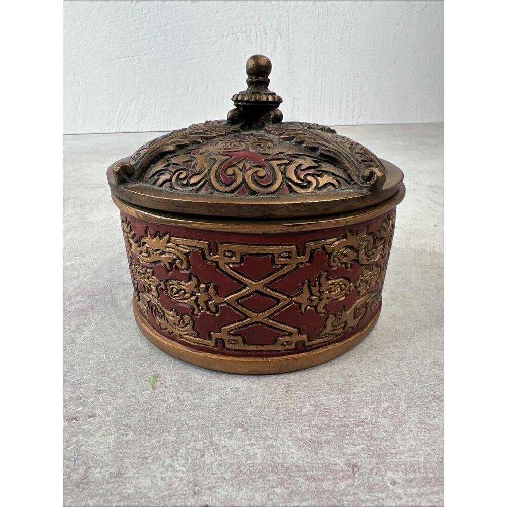Vintage Round Ornate Trinket‎ Box With Lid 4” Tall
